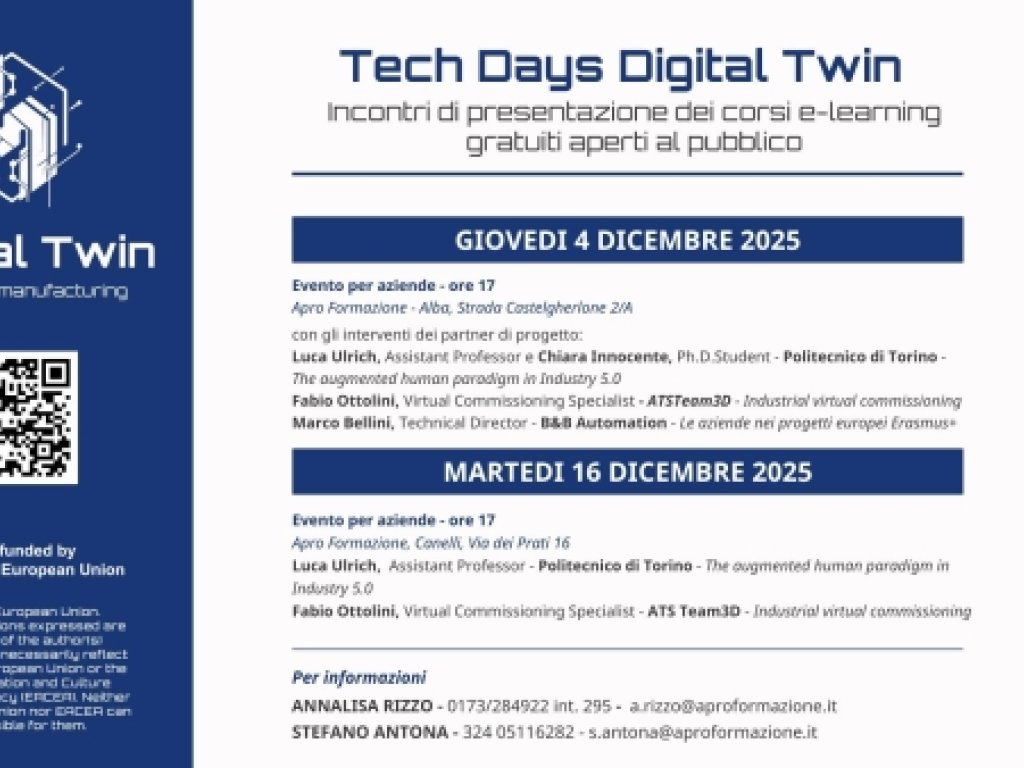 Digital Twin on Smart Manufacturing, vieni a conoscere il progetto sul Gemello Digitale di Apro Formazione